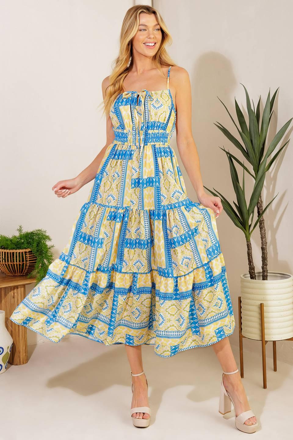 Making a Wish Woven Midi Dress in blue ivory, view 1 — Soul Flow Apparel