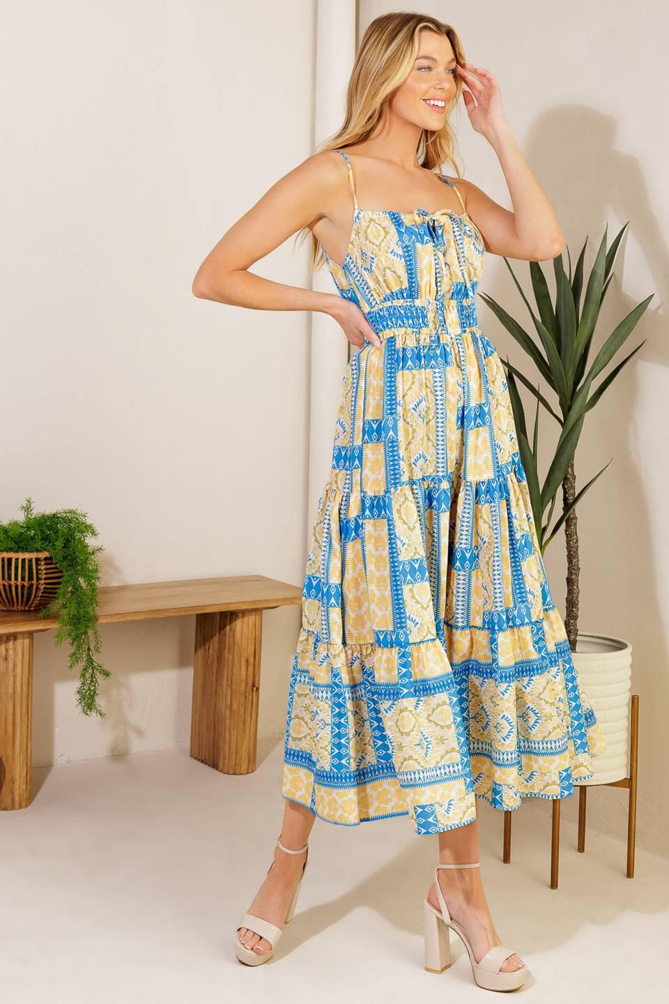 Making a Wish Woven Midi Dress in blue ivory, view 3 — Soul Flow Apparel