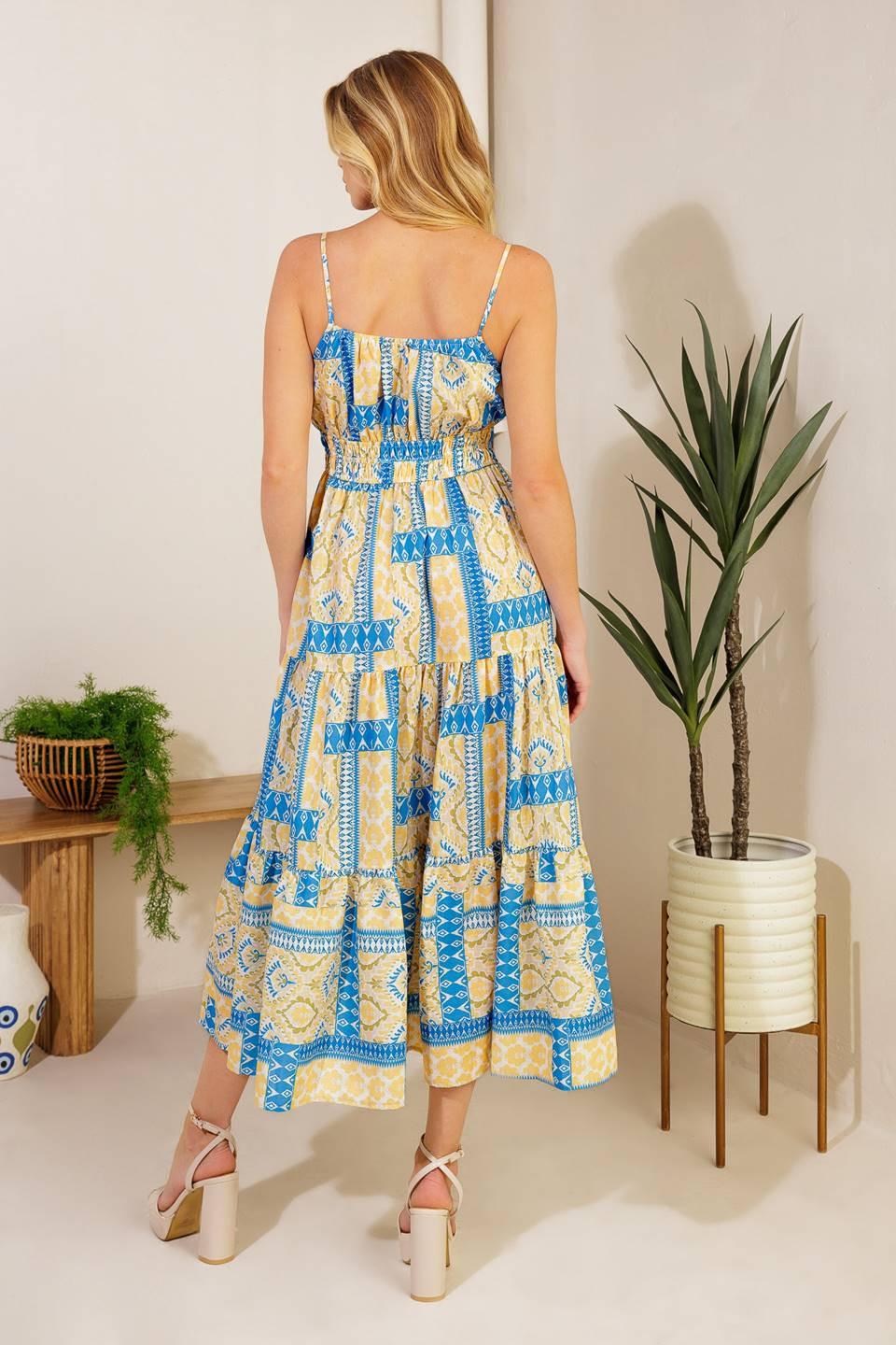 Making a Wish Woven Midi Dress in blue ivory, view 6 — Soul Flow Apparel