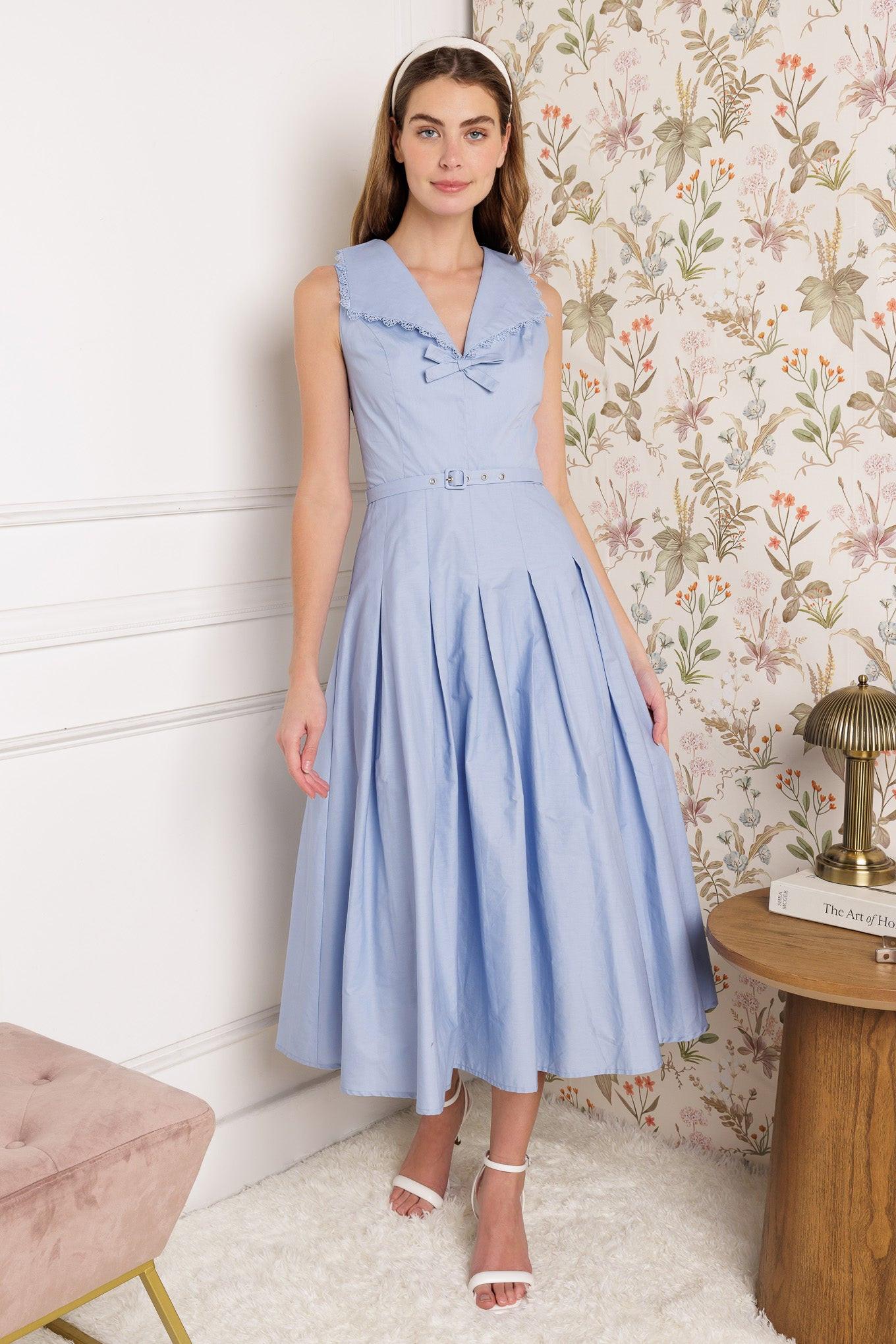 Hopping Islands Woven Midi Dress in powder blue, view 1 — Soul Flow Apparel