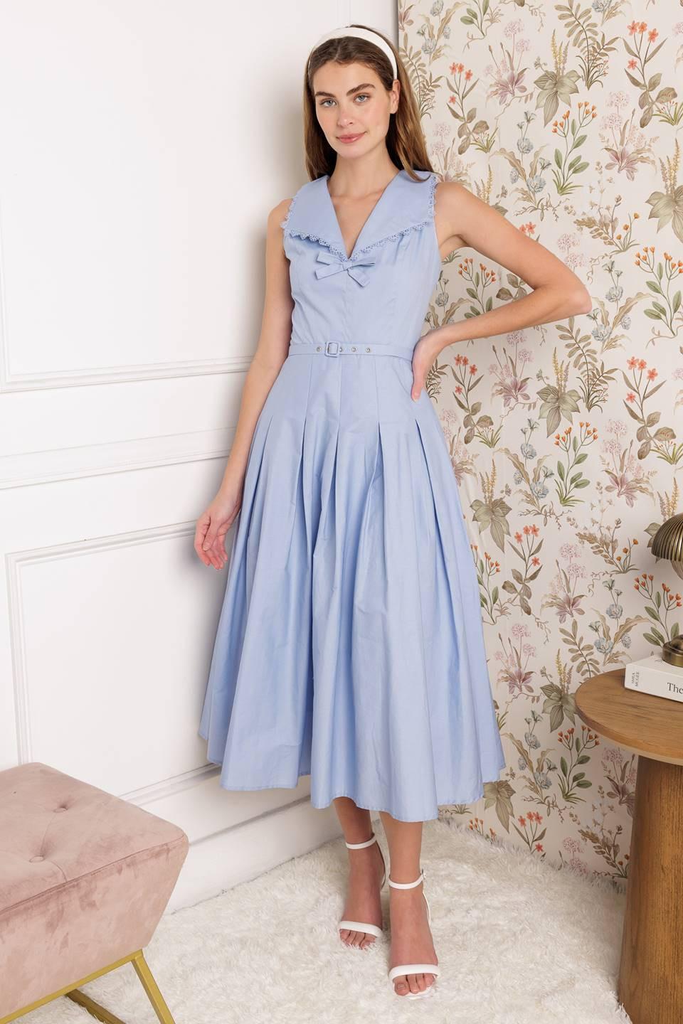 Hopping Islands Woven Midi Dress in powder blue, view 2 — Soul Flow Apparel