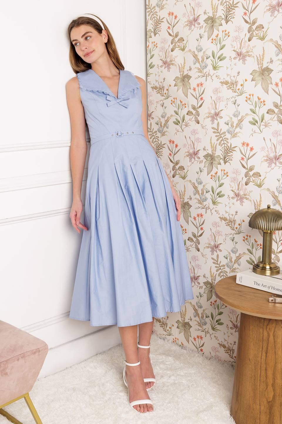 Hopping Islands Woven Midi Dress in powder blue, view 3 — Soul Flow Apparel