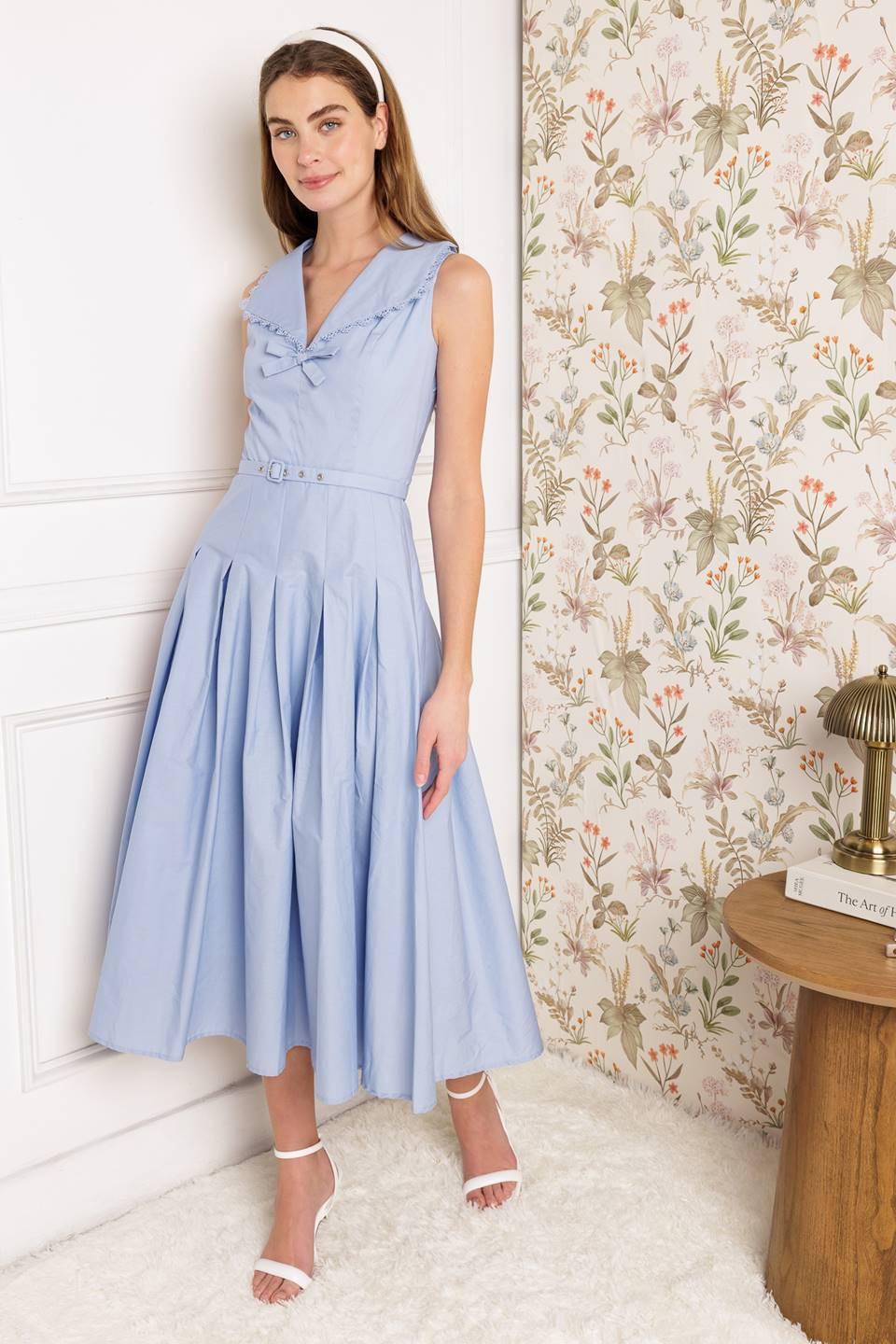 Hopping Islands Woven Midi Dress in powder blue, view 4 — Soul Flow Apparel