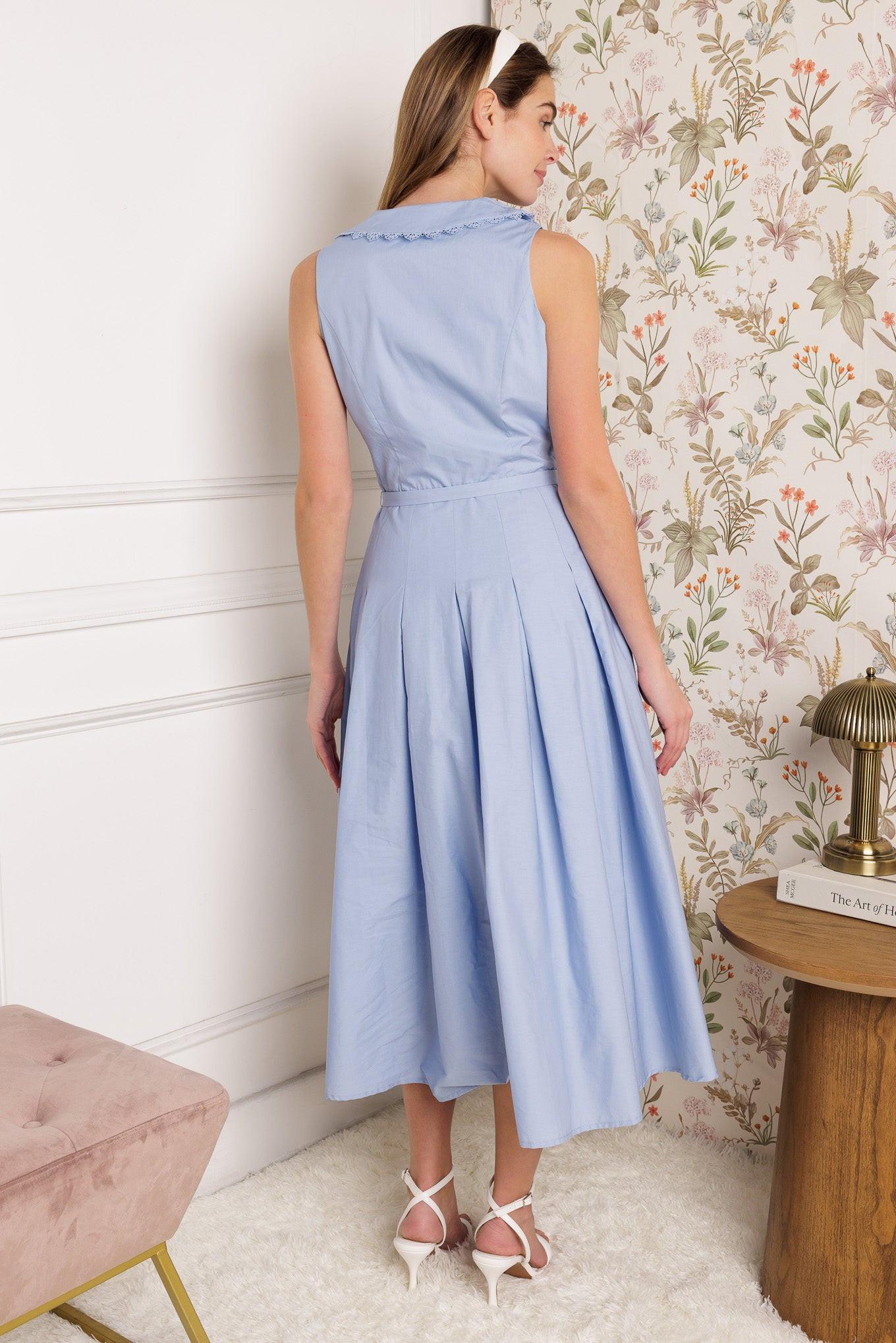 Hopping Islands Woven Midi Dress in powder blue, view 8 — Soul Flow Apparel