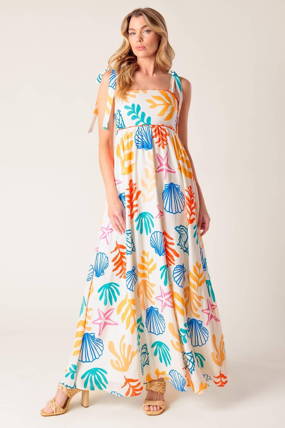Frolic Through Fields Woven Maxi Dress in ivory orange blue, view 1 — Soul Flow Apparel