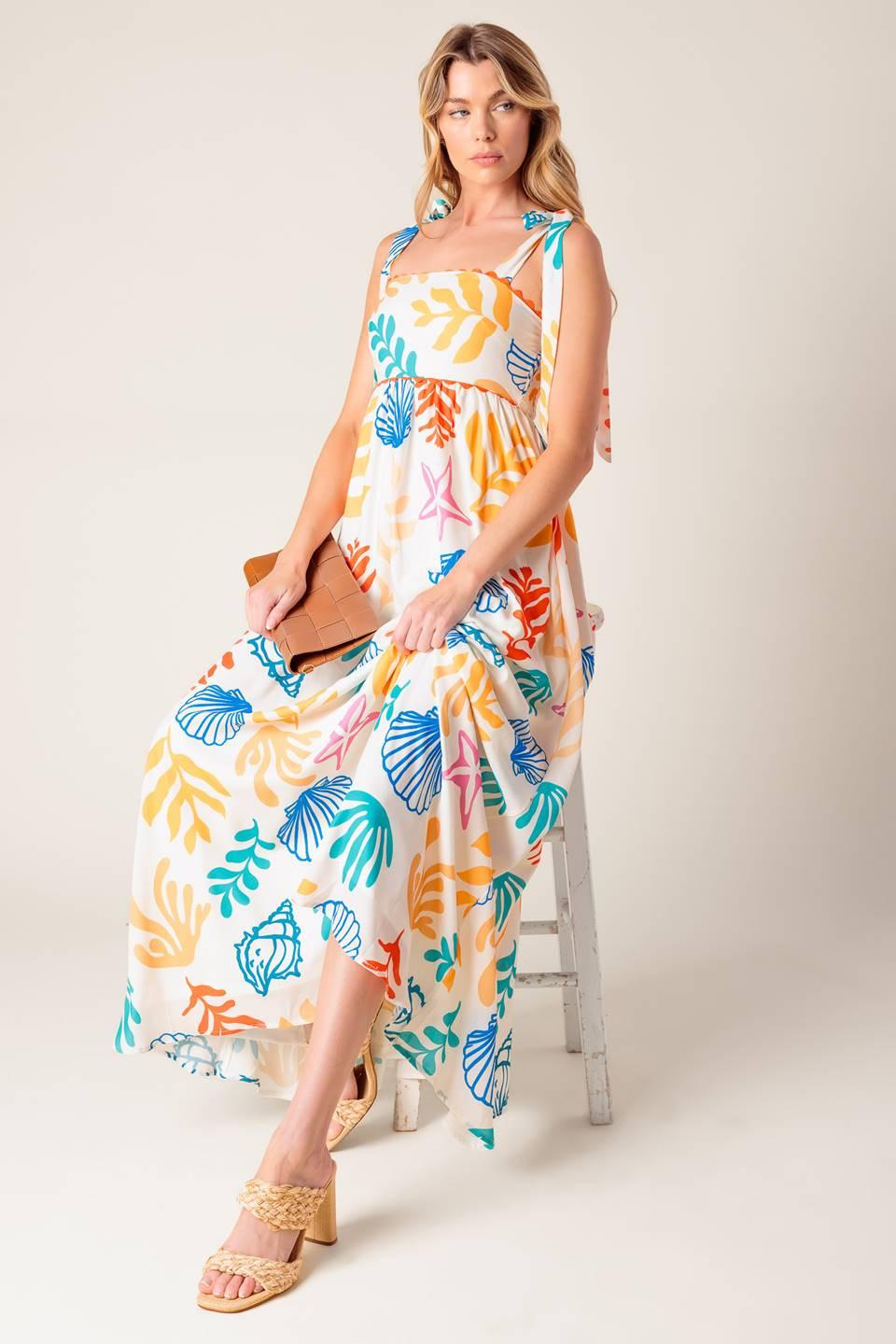 Frolic Through Fields Woven Maxi Dress in ivory orange blue, view 2 — Soul Flow Apparel