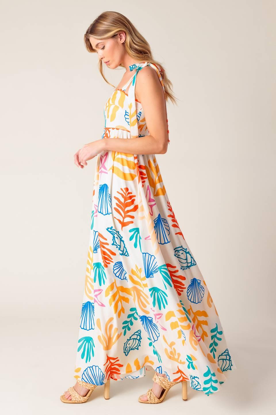 Frolic Through Fields Woven Maxi Dress in ivory orange blue, view 3 — Soul Flow Apparel