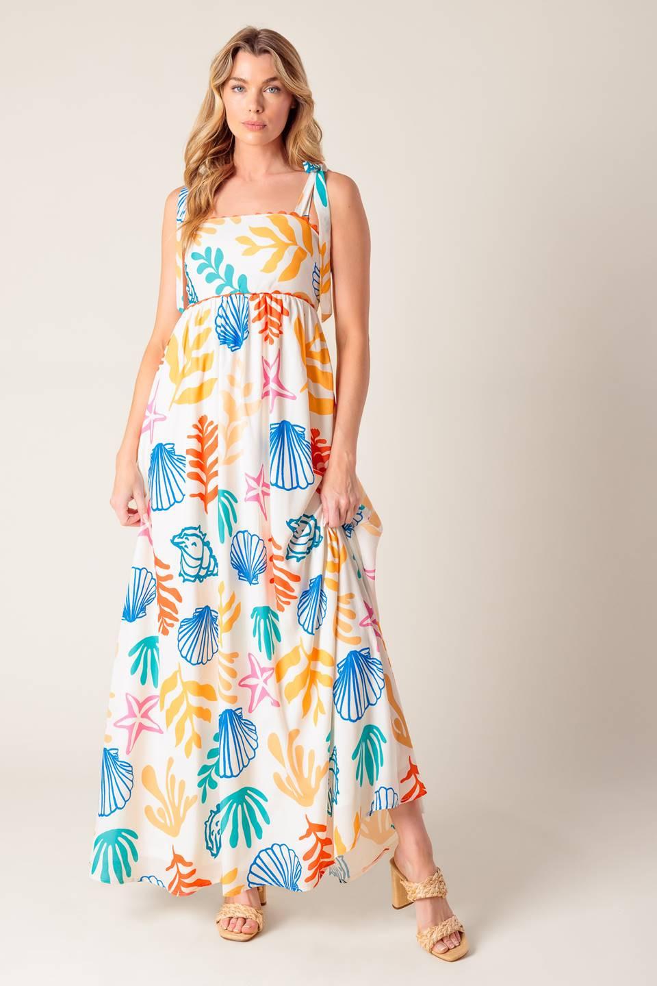 Frolic Through Fields Woven Maxi Dress in ivory orange blue, view 5 — Soul Flow Apparel