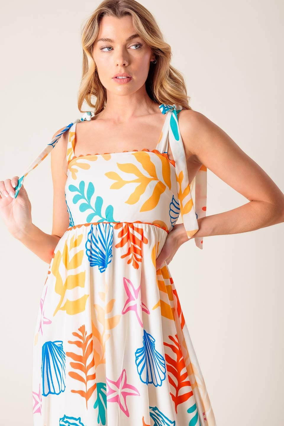 Frolic Through Fields Woven Maxi Dress in ivory orange blue, view 8 — Soul Flow Apparel