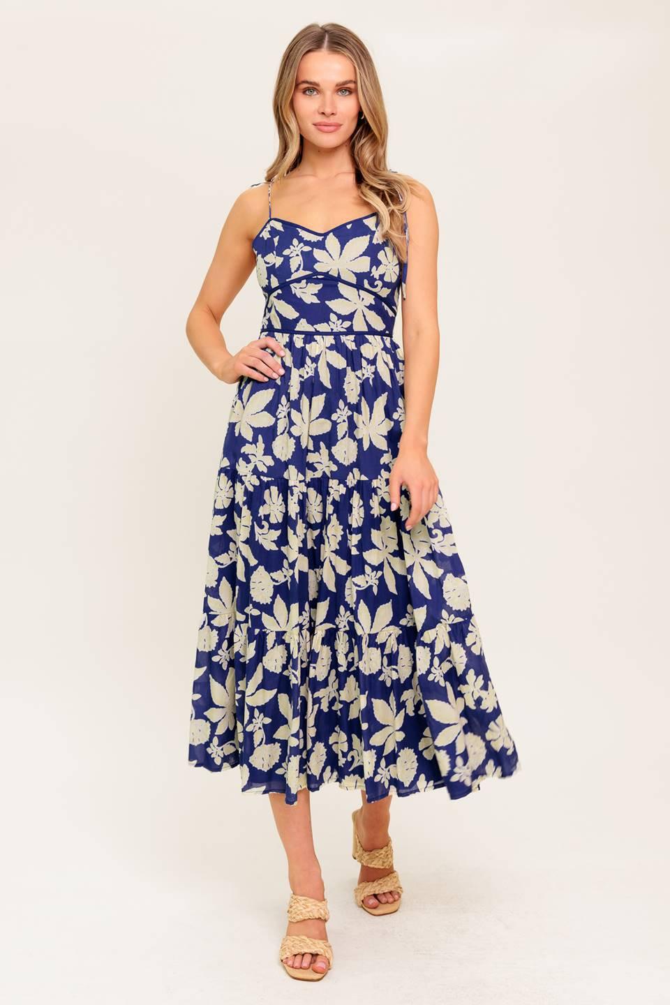 Petals in the Wind Woven Midi Dress in navy, view 1 — Soul Flow Apparel