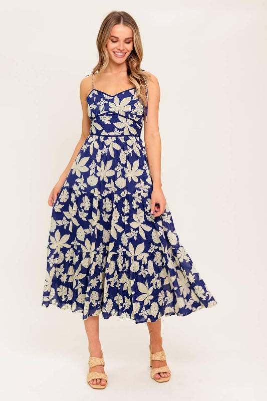 Petals in the Wind Woven Midi Dress in navy, view 2 — Soul Flow Apparel