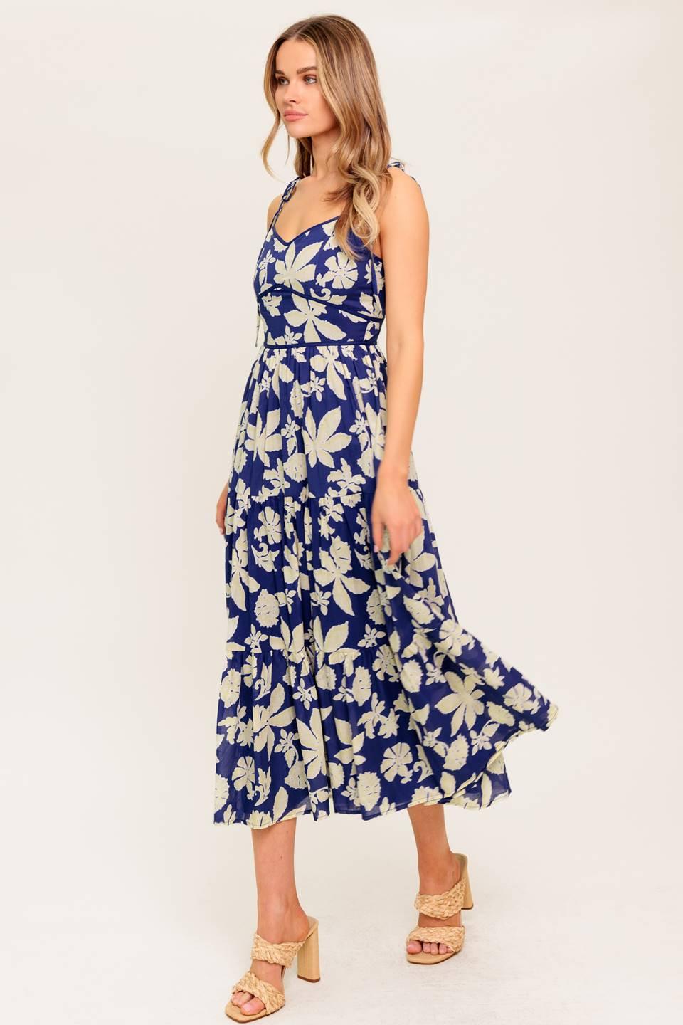 Petals in the Wind Woven Midi Dress in navy, view 4 — Soul Flow Apparel