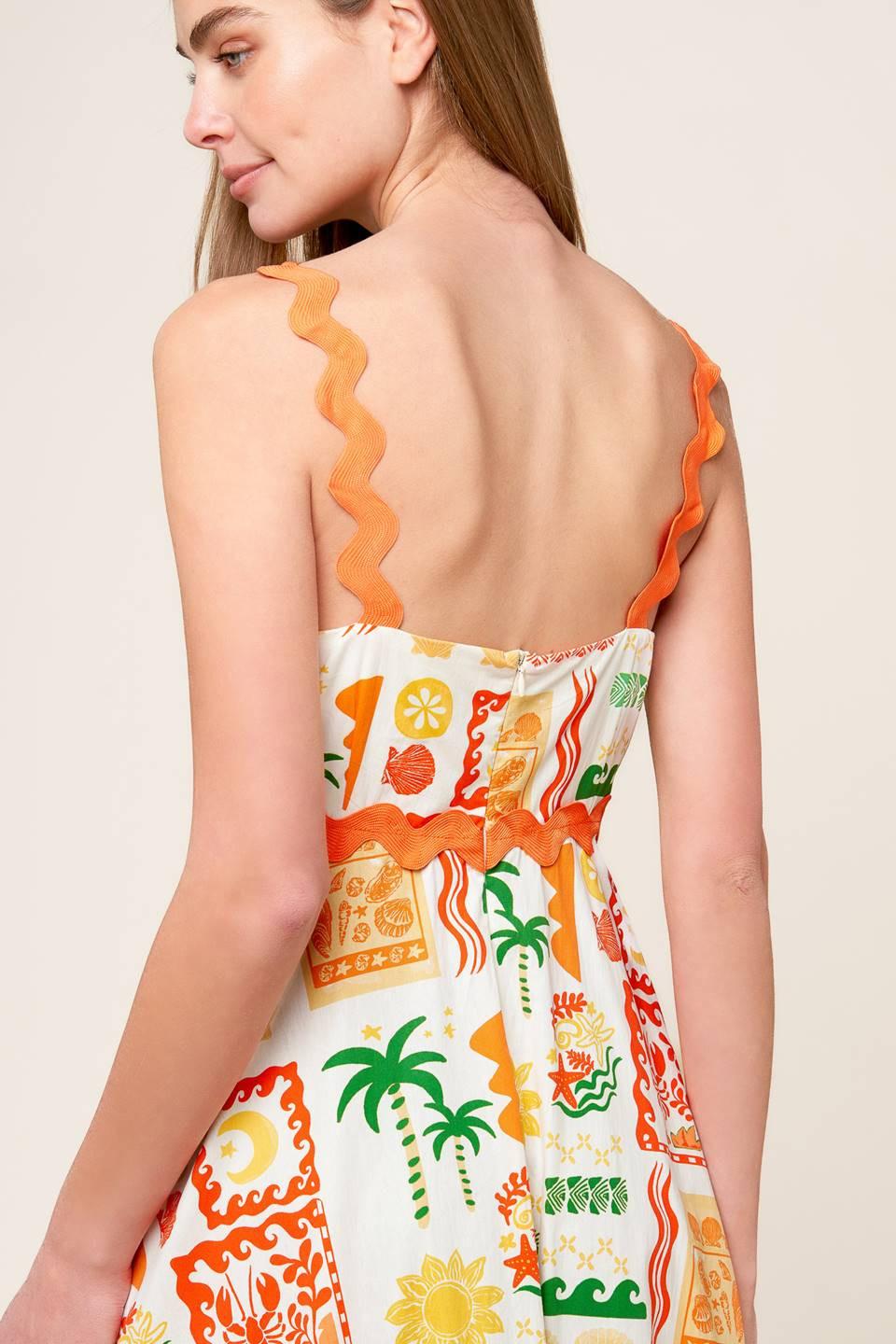 Roaming Around Woven Midi Dress in white orange green, view 2 — Soul Flow Apparel
