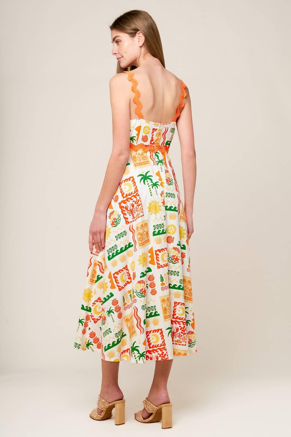 Roaming Around Woven Midi Dress in white orange green, view 3 — Soul Flow Apparel