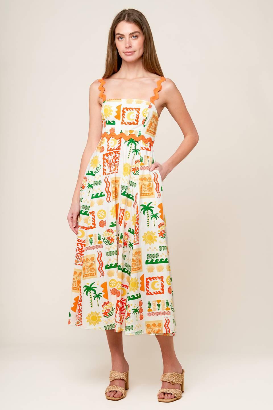 Roaming Around Woven Midi Dress in white orange green, view 4 — Soul Flow Apparel
