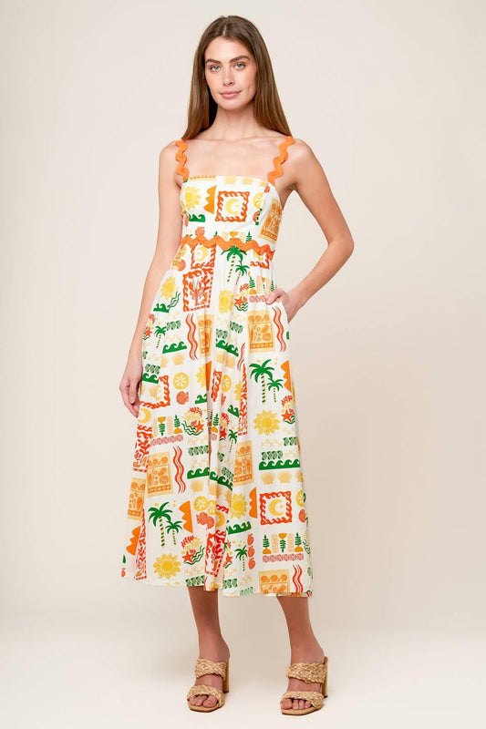 Roaming Around Woven Midi Dress in white orange green, view 4 — Soul Flow Apparel