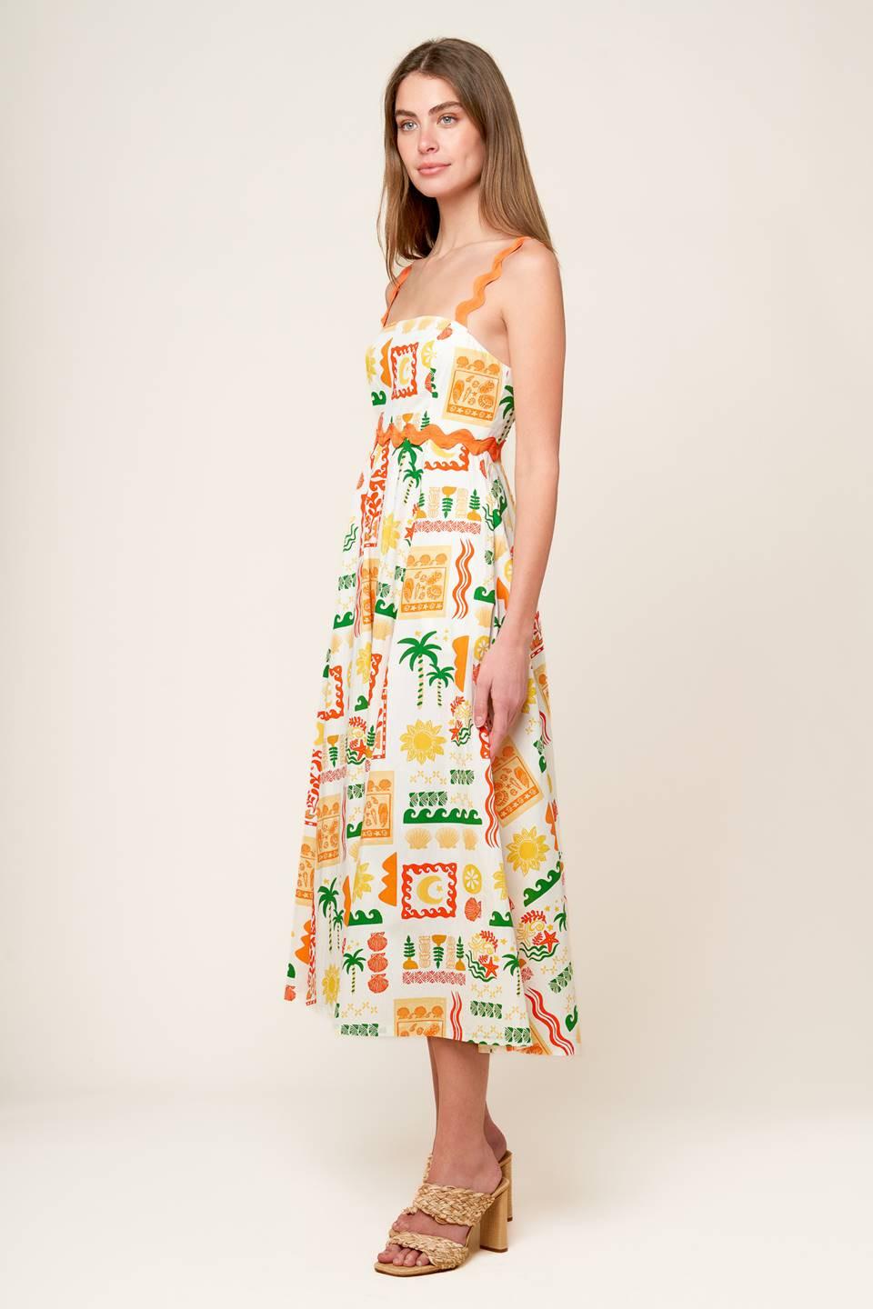 Roaming Around Woven Midi Dress in white orange green, view 7 — Soul Flow Apparel