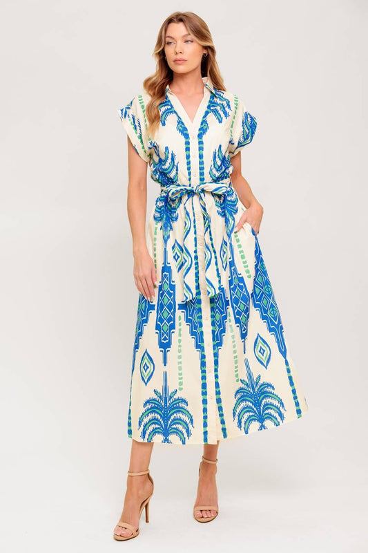 Softly Spoken Blue Woven Midi Dress in cream, view 1 — Soul Flow Apparel