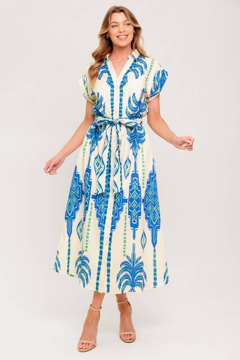 Softly Spoken Blue Woven Midi Dress in cream, view 2 — Soul Flow Apparel