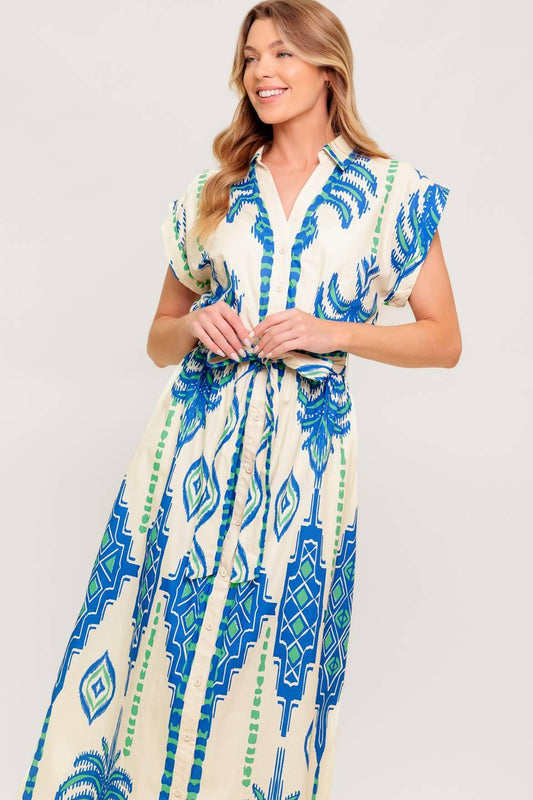 Softly Spoken Blue Woven Midi Dress in cream, view 3 — Soul Flow Apparel