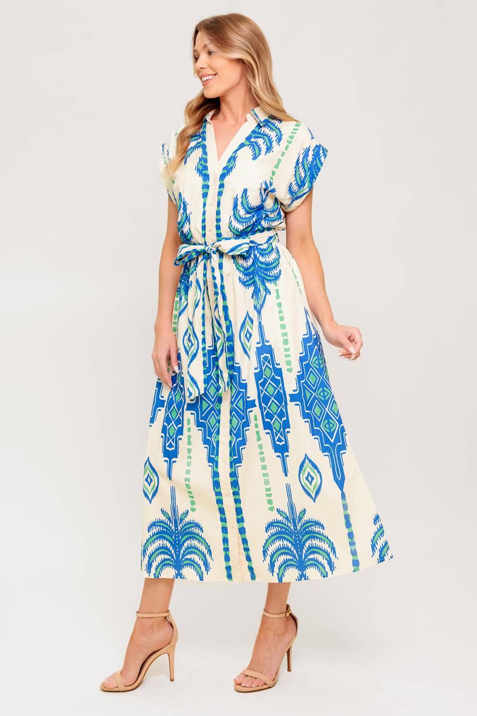 Softly Spoken Blue Woven Midi Dress in cream, view 5 — Soul Flow Apparel