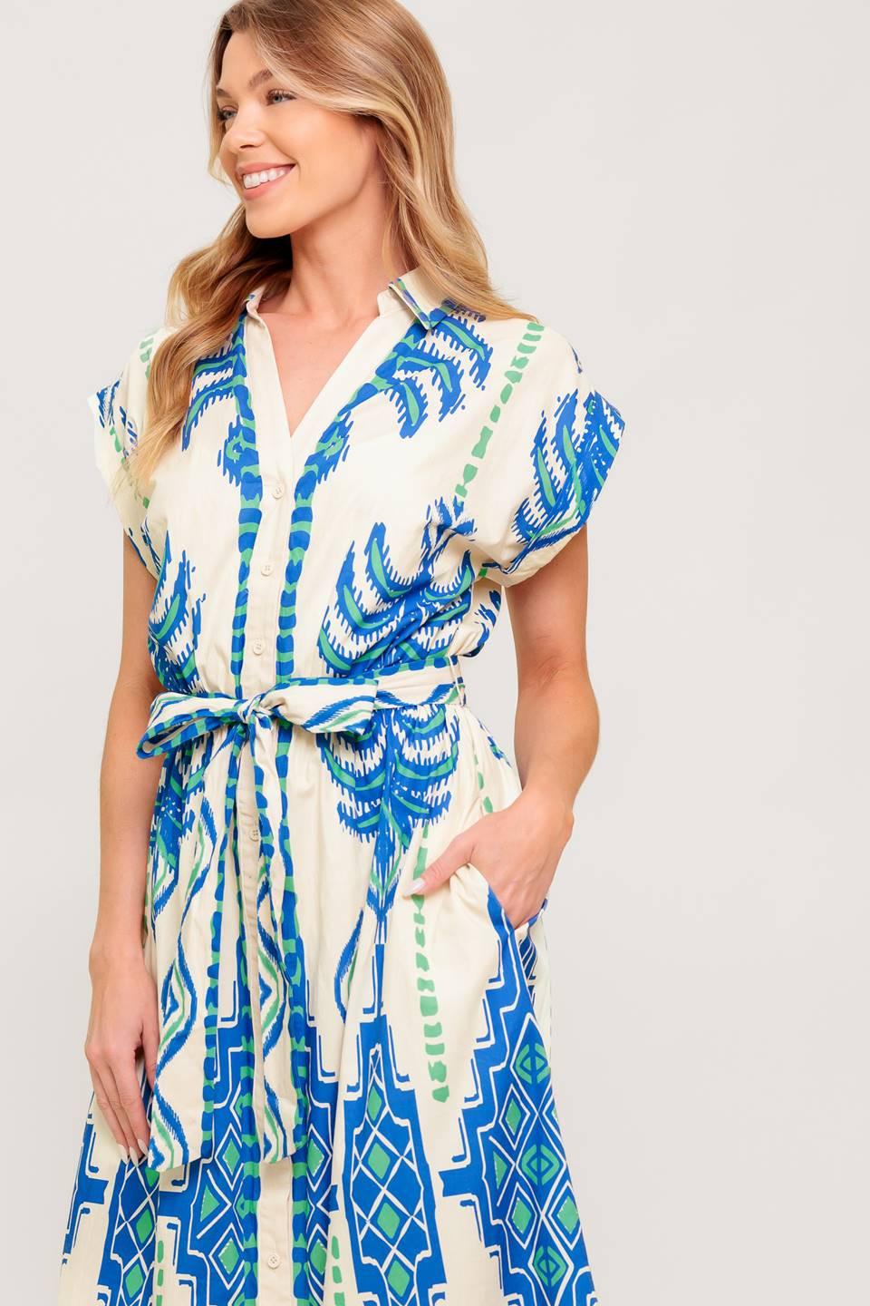Softly Spoken Blue Woven Midi Dress in cream, view 6 — Soul Flow Apparel