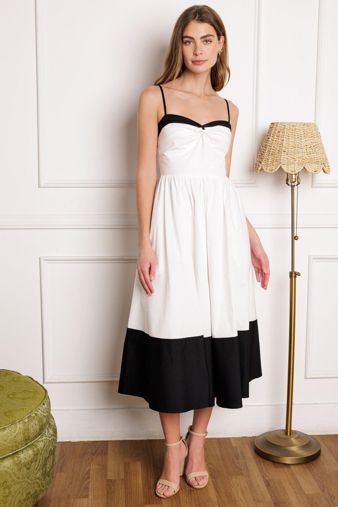 Island Heartbeat Woven Midi Dress in white black, view 1 — Soul Flow Apparel