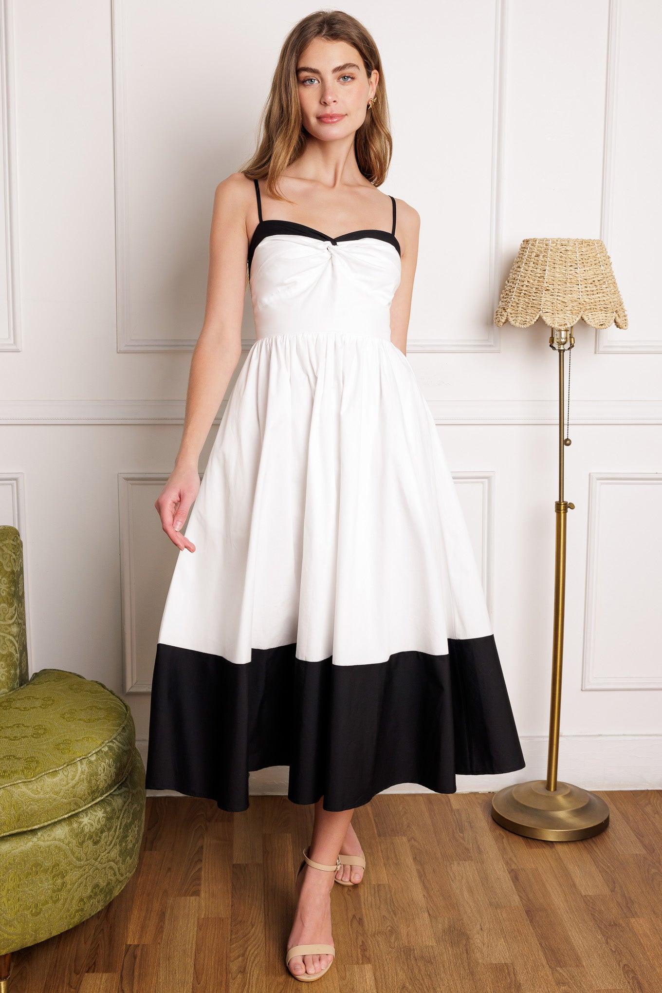 Island Heartbeat Woven Midi Dress in white black, view 2 — Soul Flow Apparel