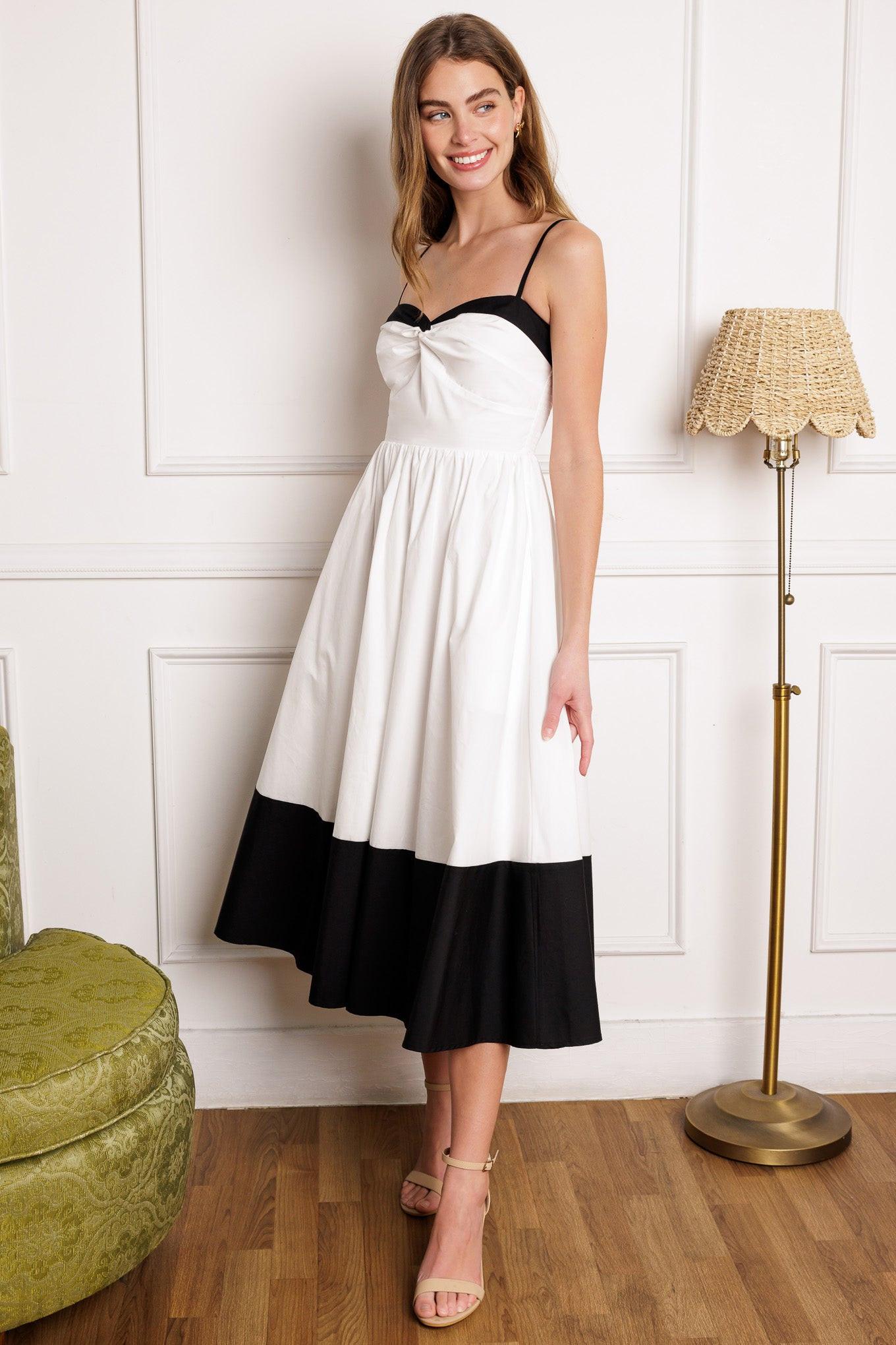 Island Heartbeat Woven Midi Dress in white black, view 3 — Soul Flow Apparel