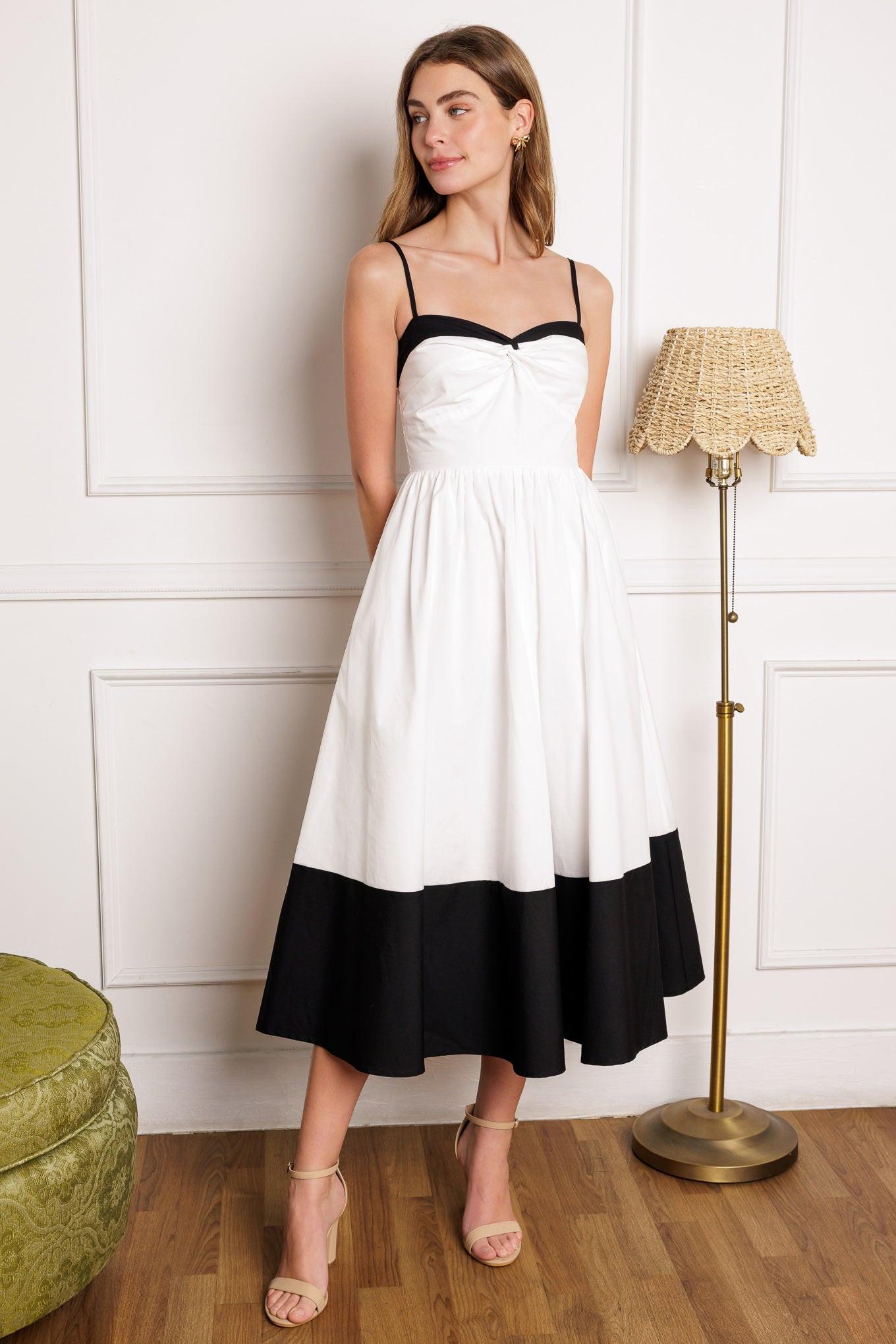 Island Heartbeat Woven Midi Dress in white black, view 4 — Soul Flow Apparel