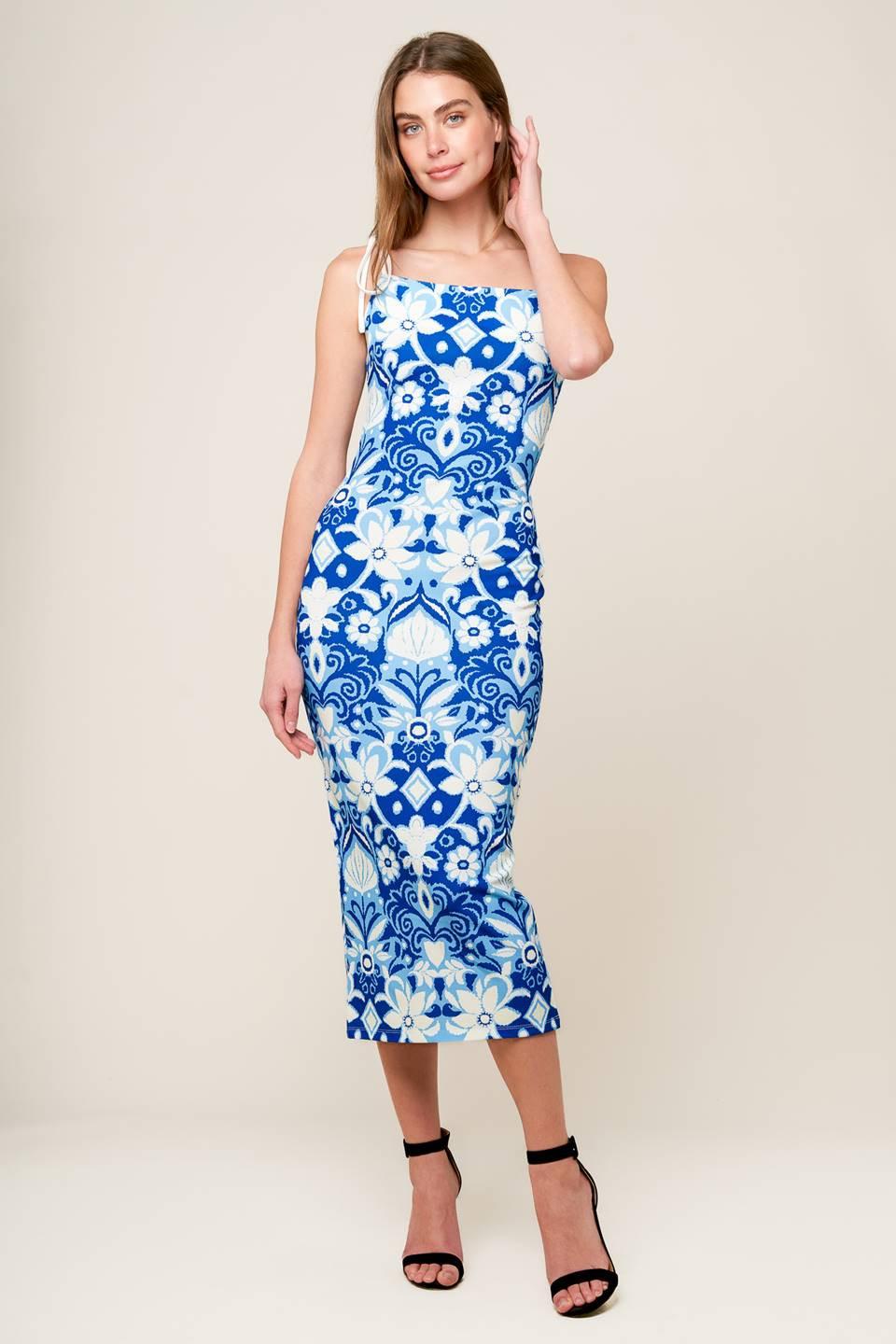 In the Countryside Woven Midi Dress in blue white, view 3 — Soul Flow Apparel