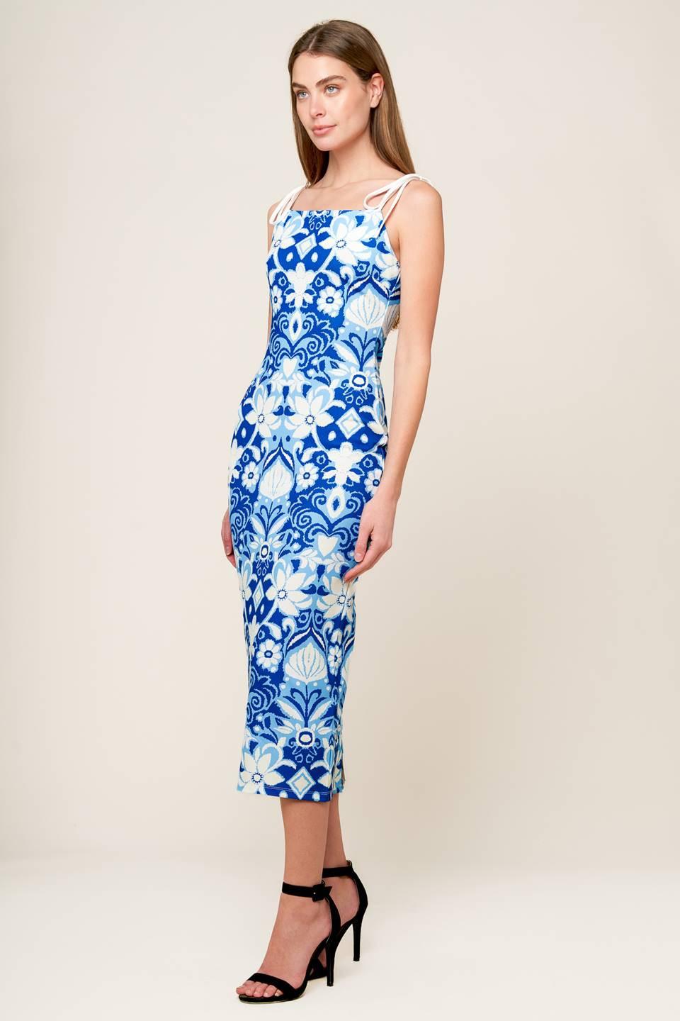 In the Countryside Woven Midi Dress in blue white, view 4 — Soul Flow Apparel