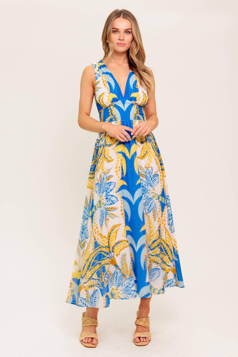 Soft Meadow Blue Woven Midi Dress, view 1 — Soul Flow Apparel