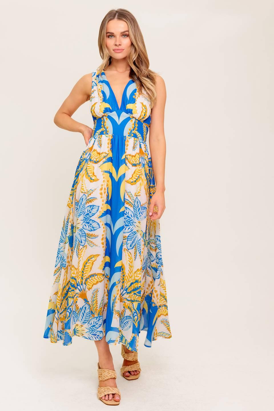 Soft Meadow Blue Woven Midi Dress, view 2 — Soul Flow Apparel