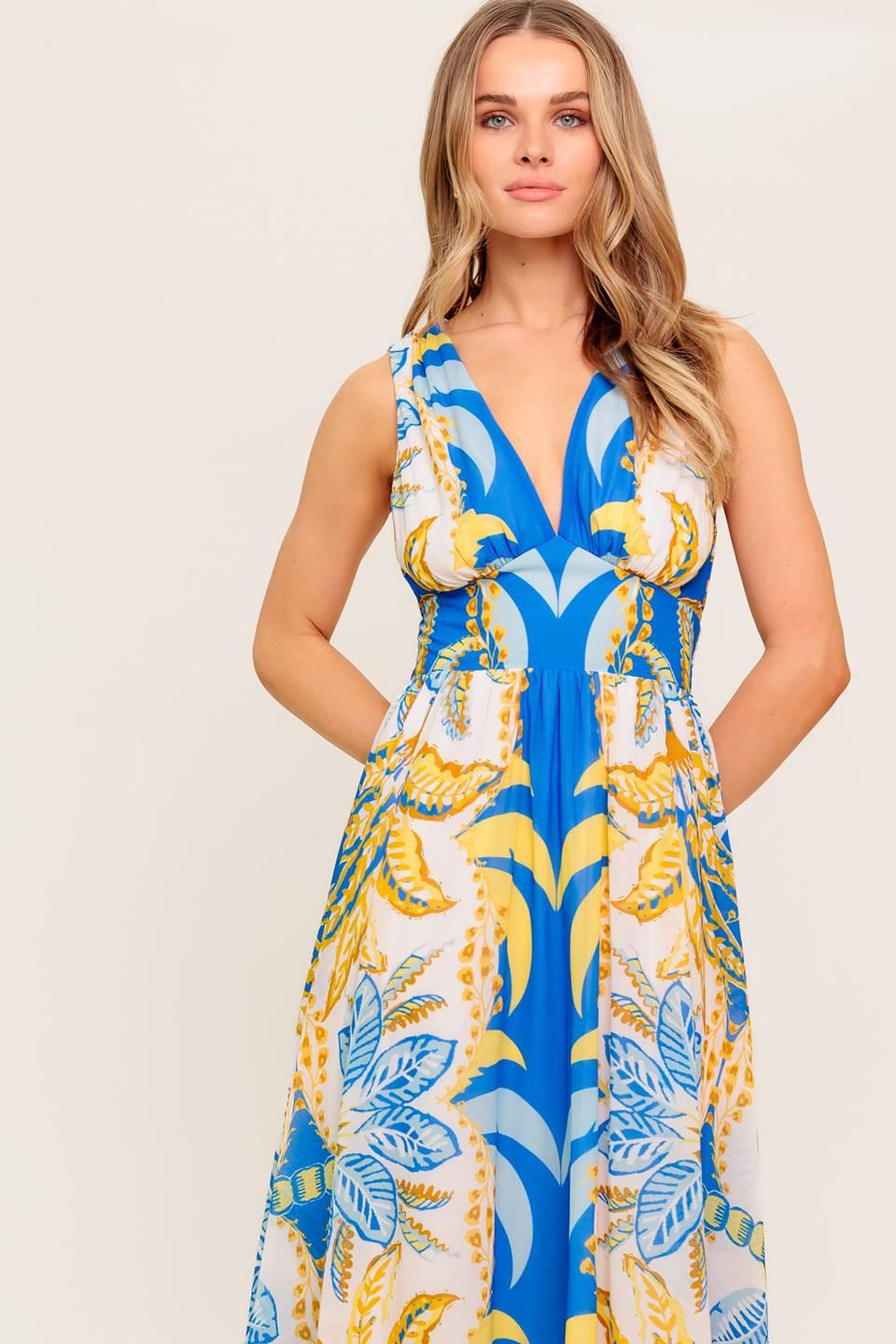 Soft Meadow Blue Woven Midi Dress, view 4 — Soul Flow Apparel