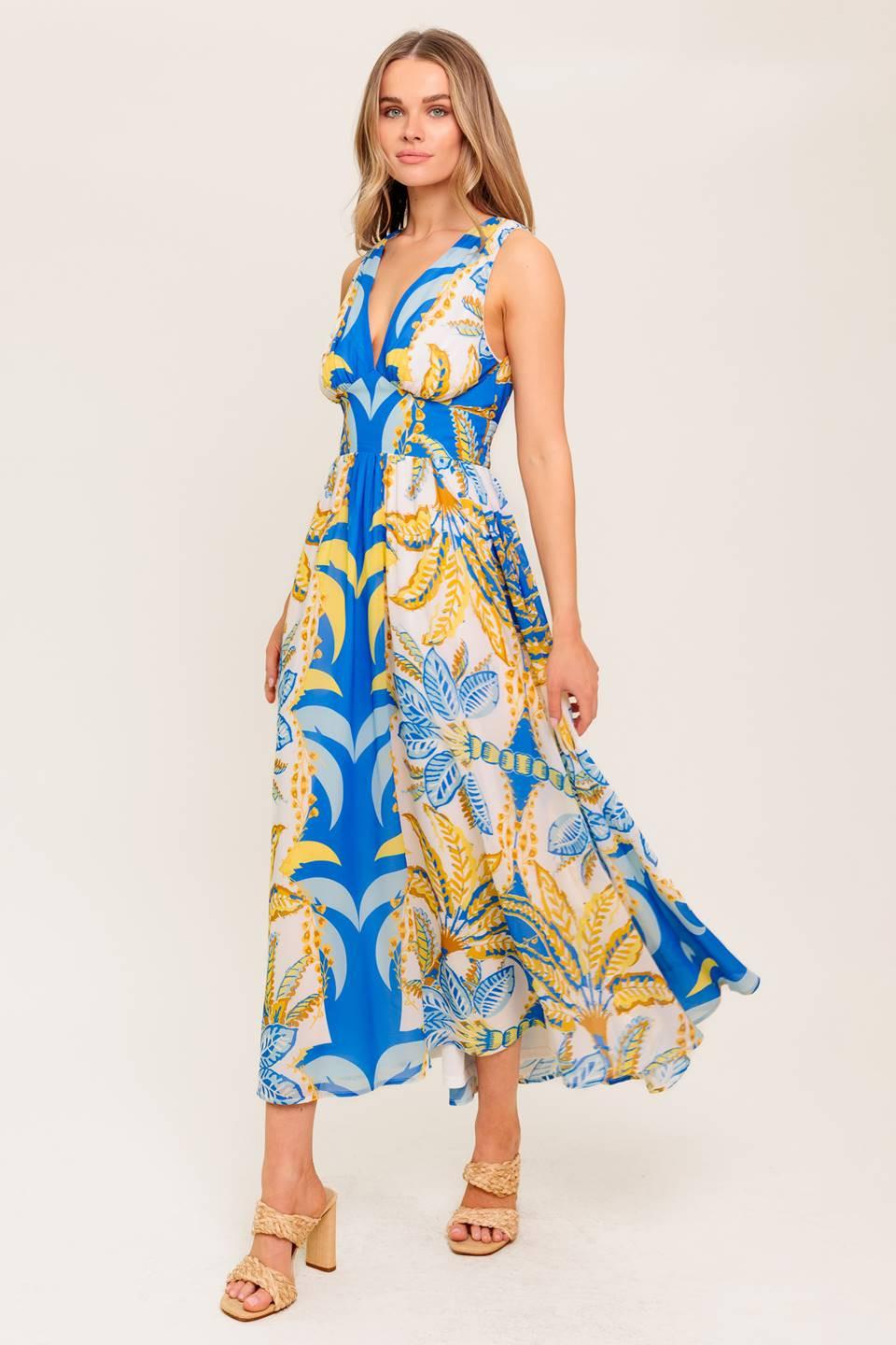 Soft Meadow Blue Woven Midi Dress, view 5 — Soul Flow Apparel