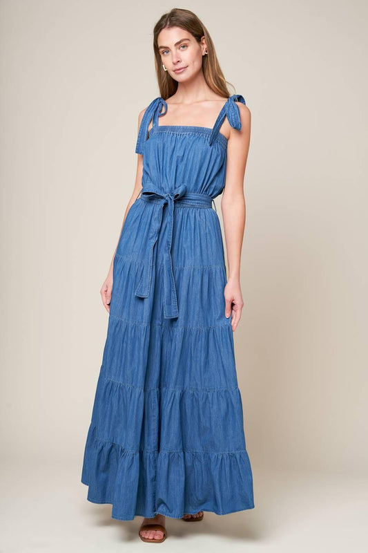 Prettiest Behavior Chambray Maxi Dress in medium indigo, view 1 — Soul Flow Apparel