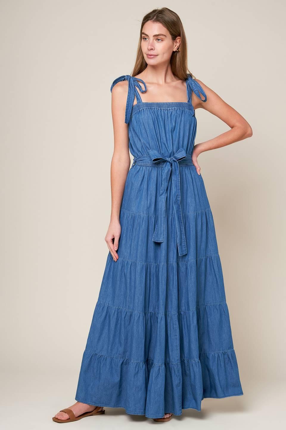 Prettiest Behavior Chambray Maxi Dress in medium indigo, view 2 — Soul Flow Apparel