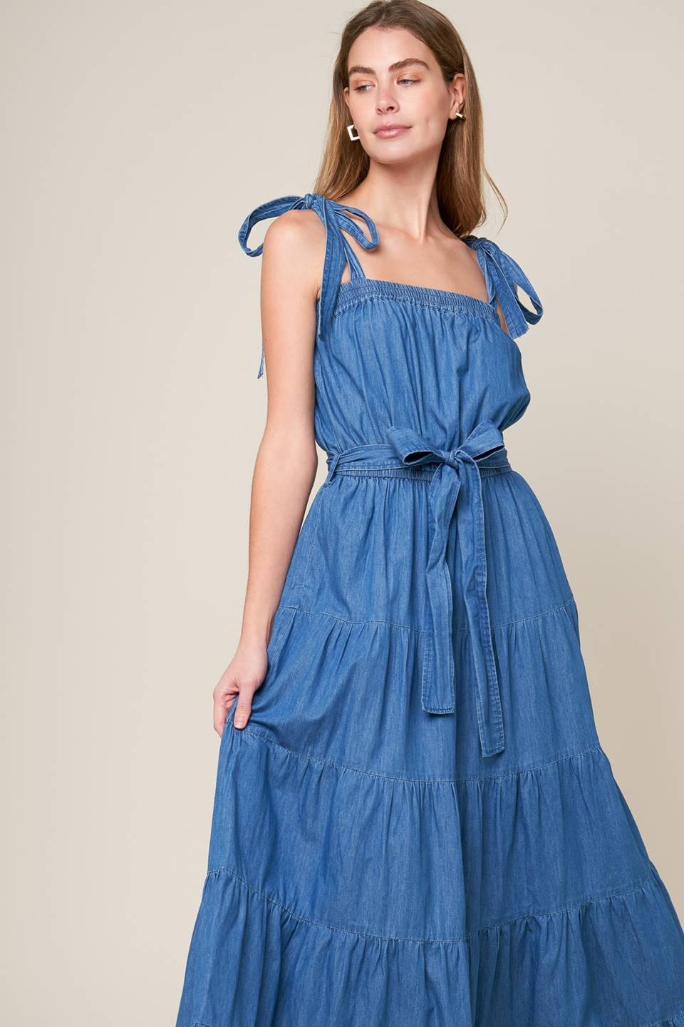 Prettiest Behavior Chambray Maxi Dress in medium indigo, view 3 — Soul Flow Apparel
