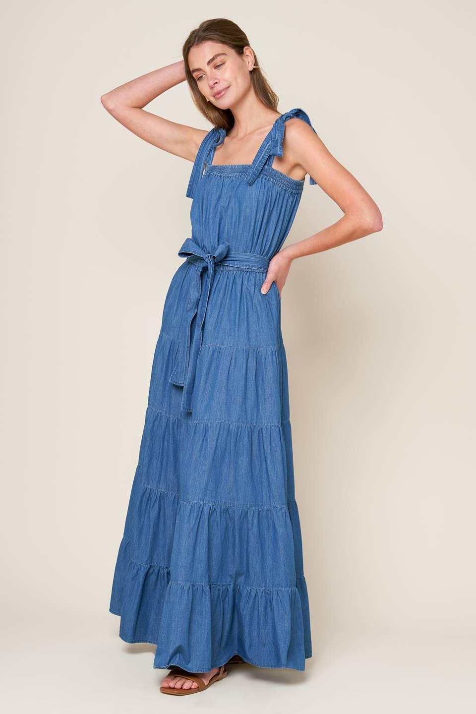 Prettiest Behavior Chambray Maxi Dress in medium indigo, view 4 — Soul Flow Apparel
