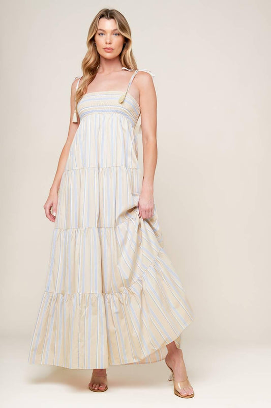 Waves of Lift Woven Maxi Dress in taupe blue, view 1 — Soul Flow Apparel