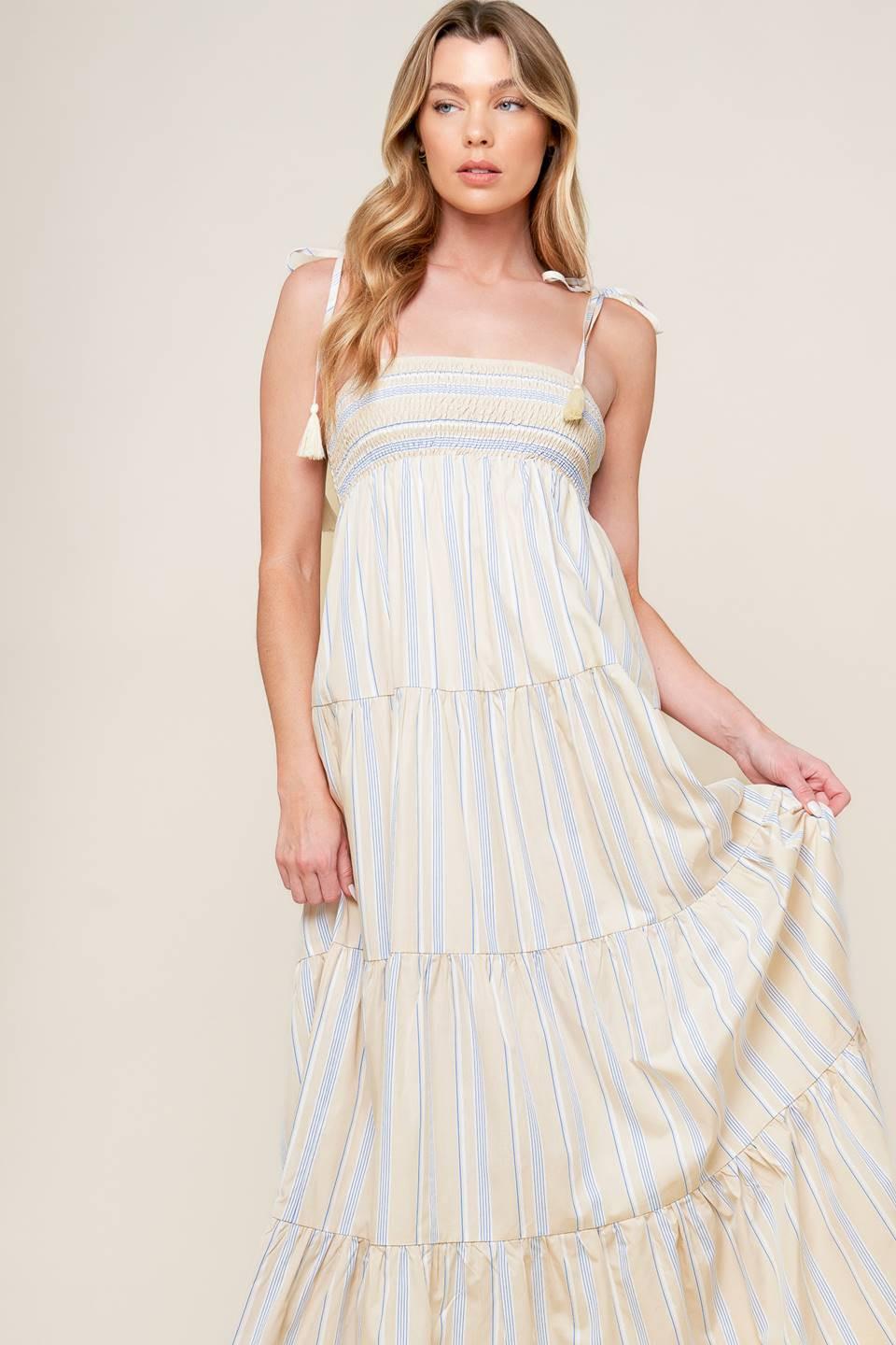 Waves of Lift Woven Maxi Dress in taupe blue, view 2 — Soul Flow Apparel