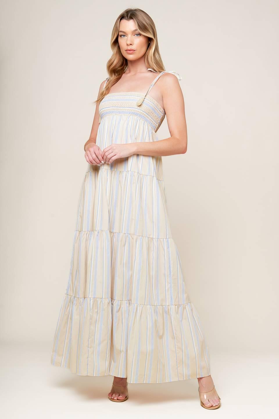 Waves of Lift Woven Maxi Dress in taupe blue, view 3 — Soul Flow Apparel