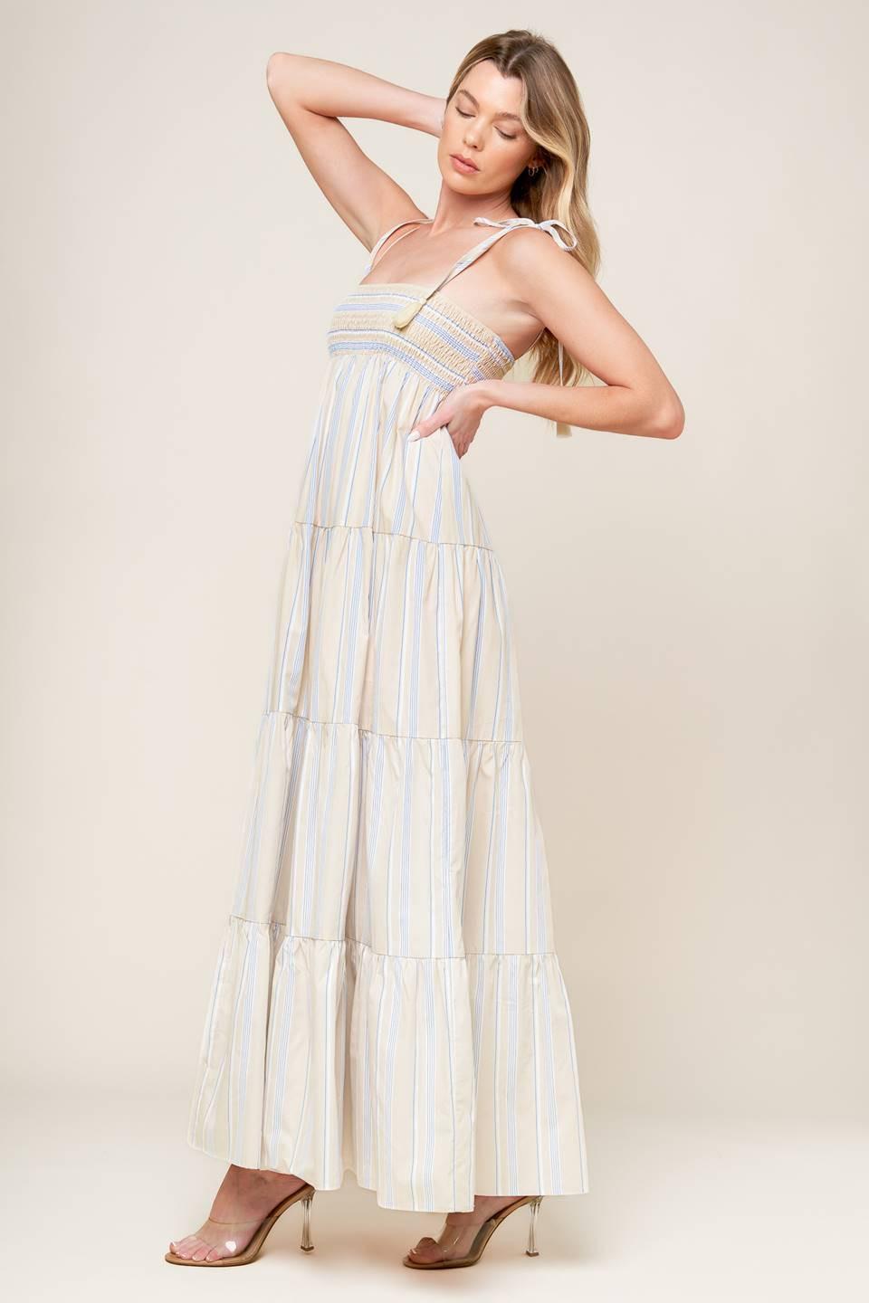 Waves of Lift Woven Maxi Dress in taupe blue, view 5 — Soul Flow Apparel