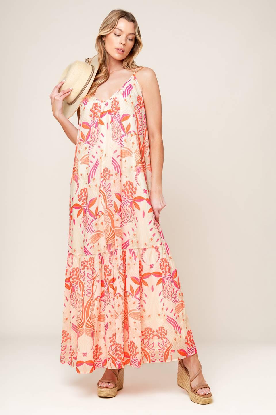 Lauren Secret Garden Woven Maxi Dress in white pink orange, view 1 — Soul Flow Apparel