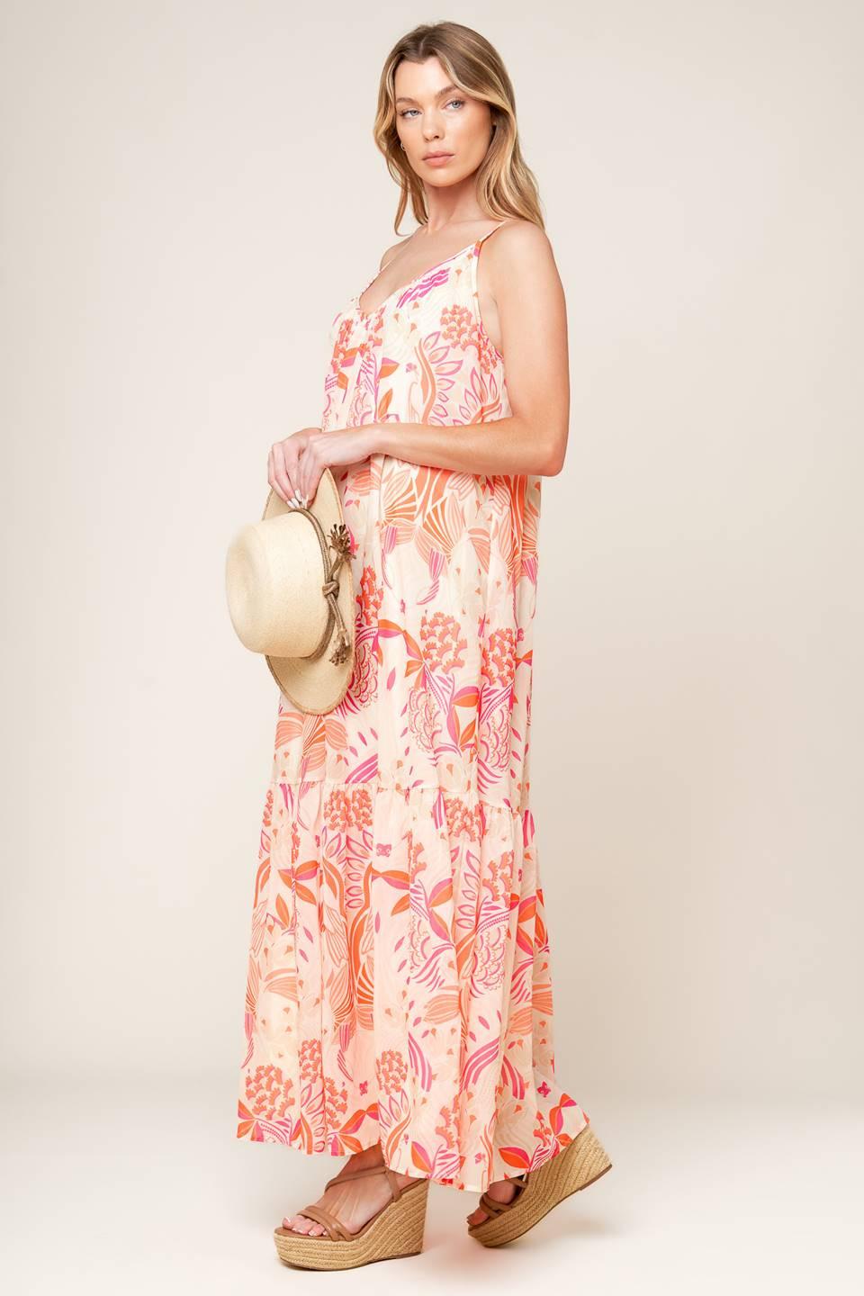 Lauren Secret Garden Woven Maxi Dress in white pink orange, view 2 — Soul Flow Apparel