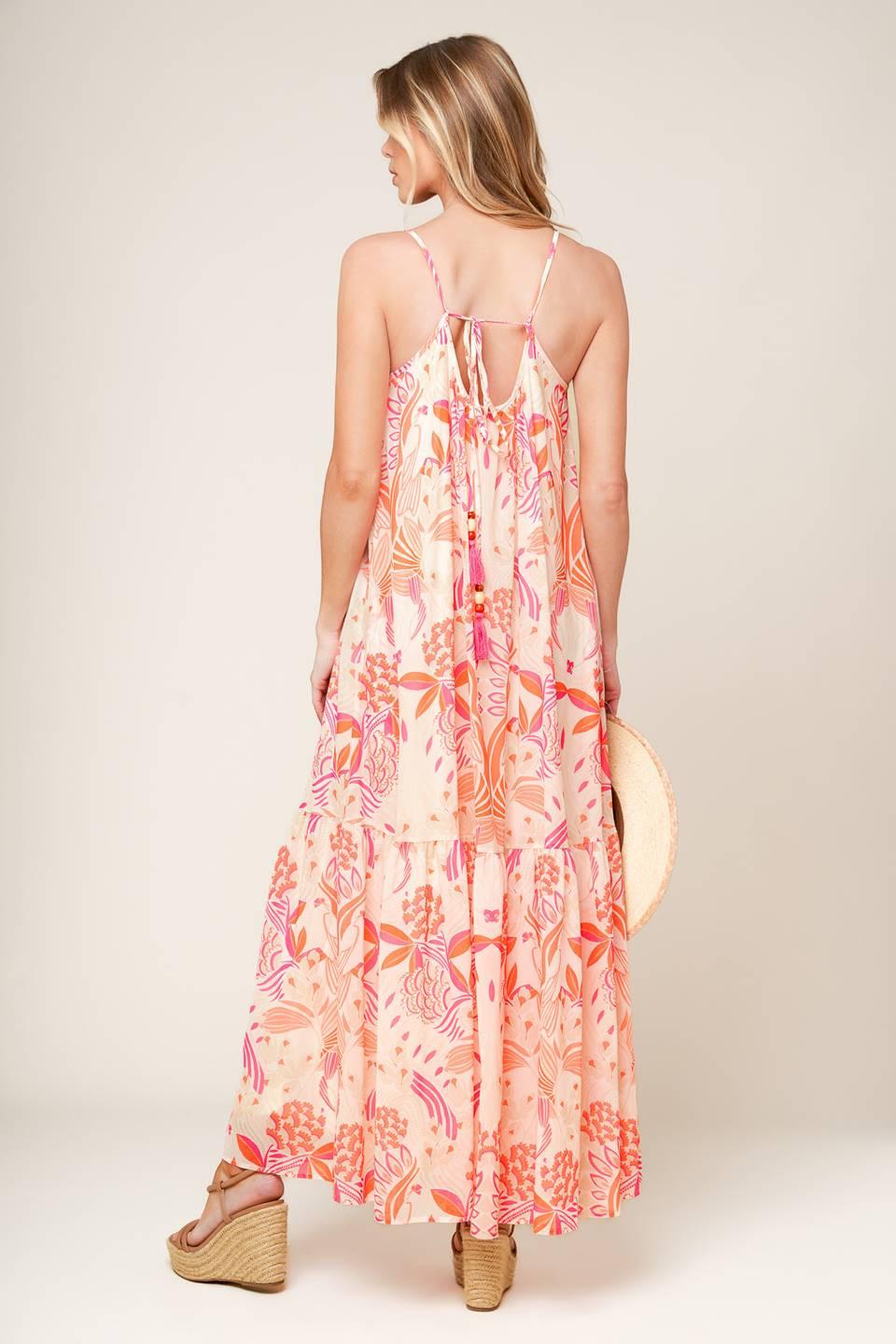 Lauren Secret Garden Woven Maxi Dress in white pink orange, view 3 — Soul Flow Apparel