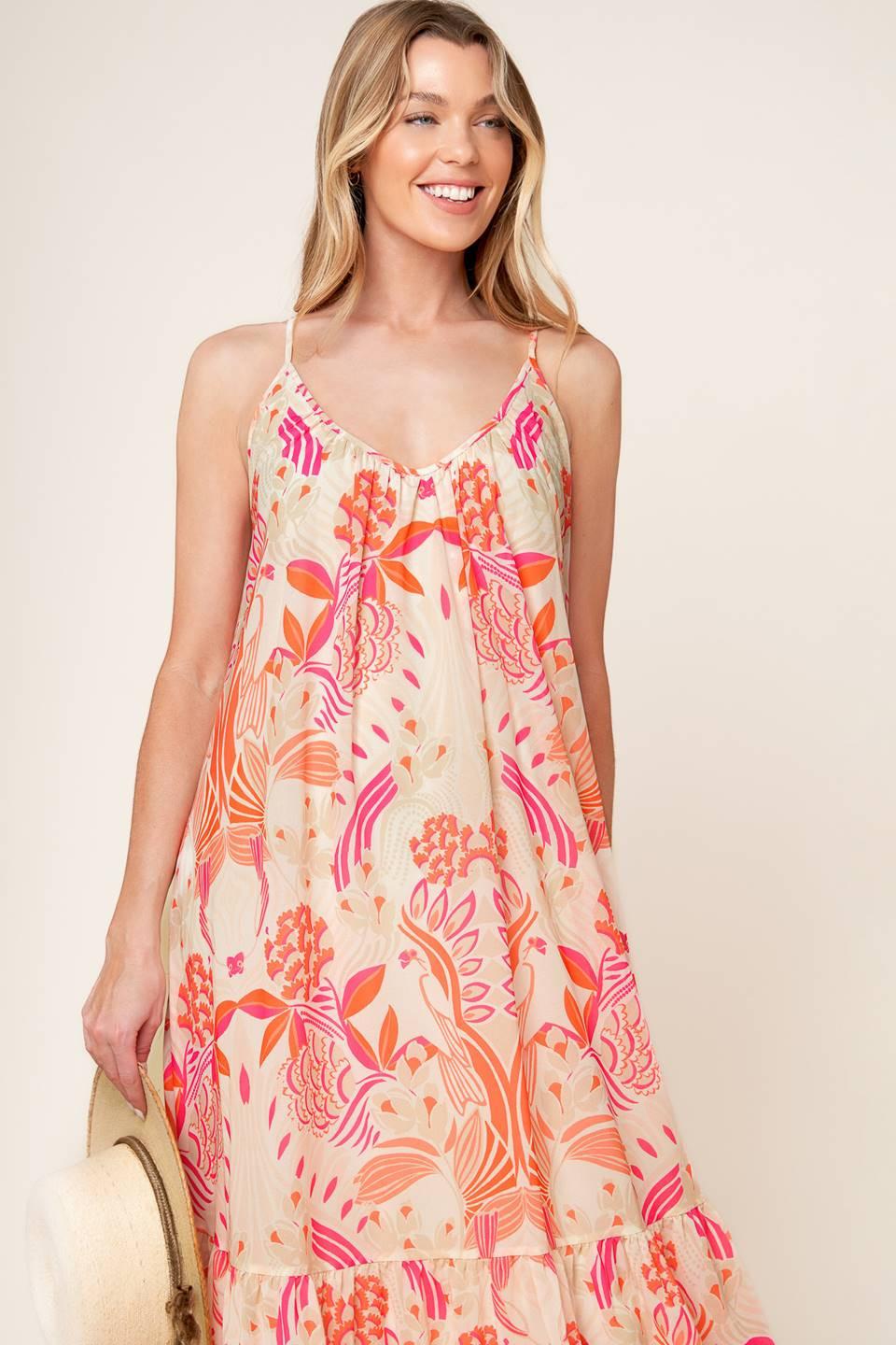 Lauren Secret Garden Woven Maxi Dress in white pink orange, view 5 — Soul Flow Apparel