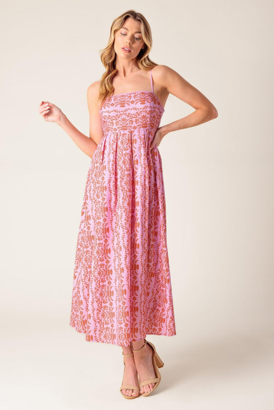 The Evette Pink Woven Midi Dress, view 2 — Soul Flow Apparel