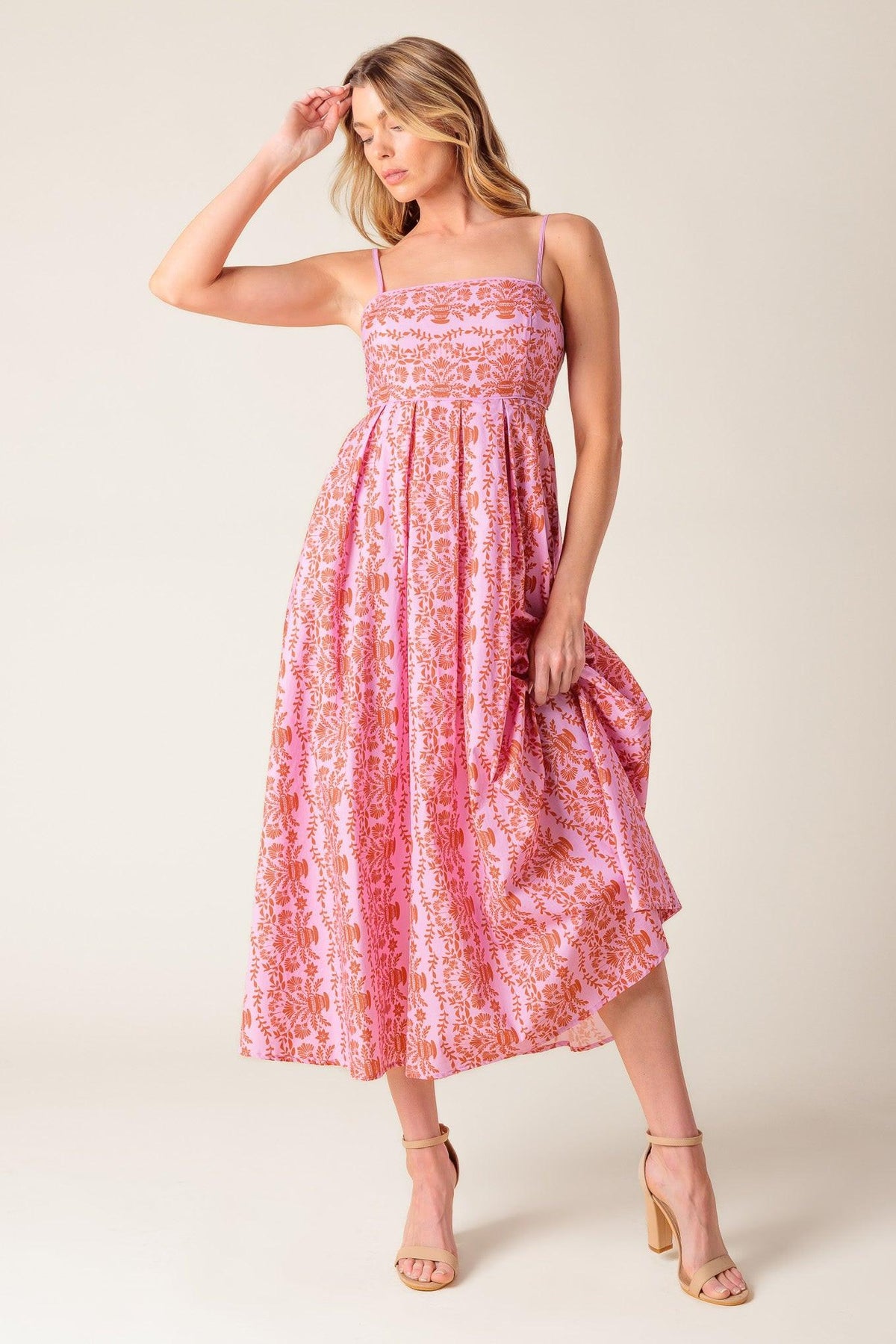 The Evette Pink Woven Midi Dress, view 4 — Soul Flow Apparel